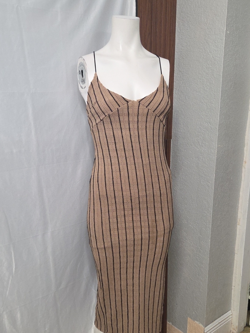 Derek Heart Tan Midi Dress with Black Stripes Small Sz [1735]